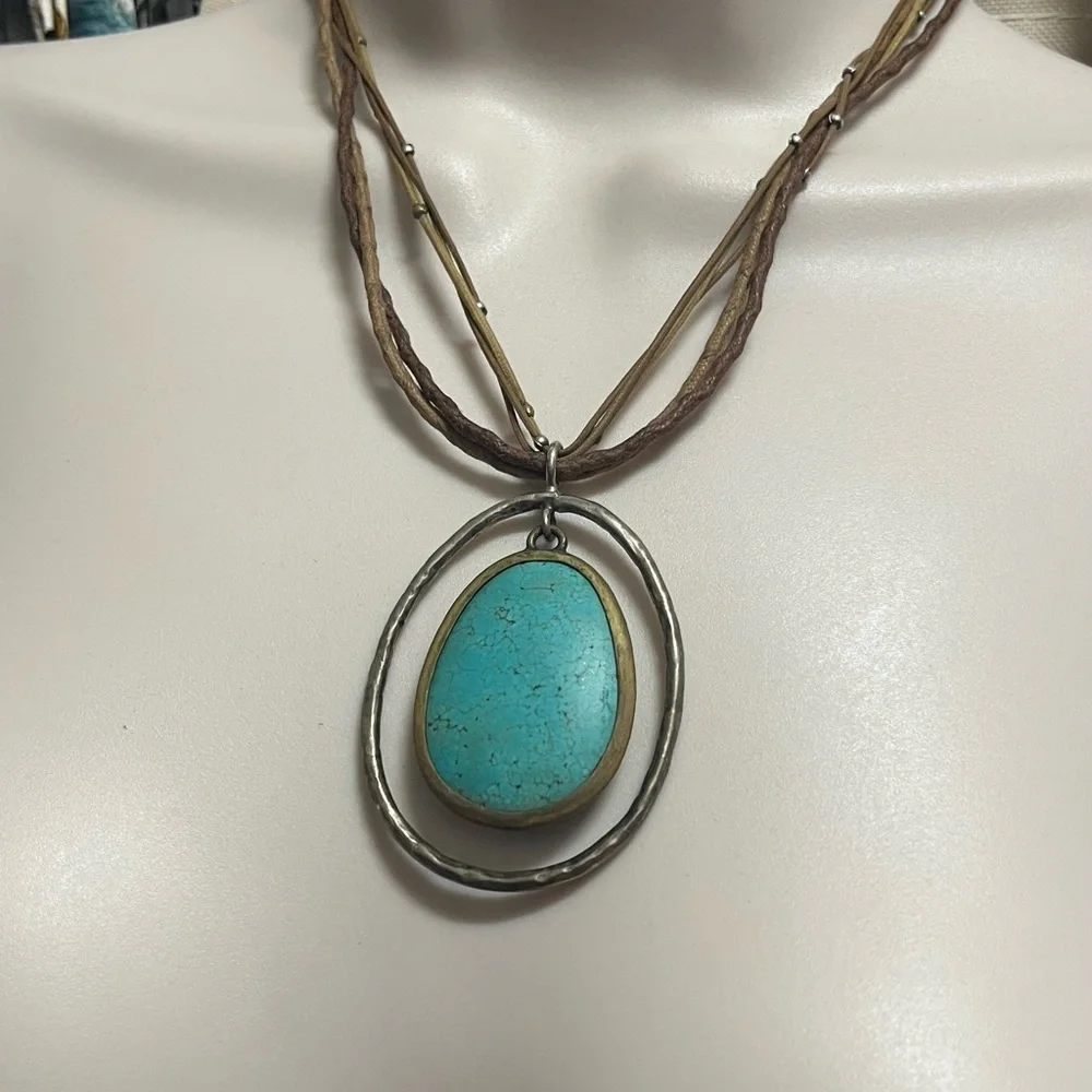Silpada Howlite Turquoise Pendant Necklace with Brown Cord .925 Silver frame. - Picture 7 of 9